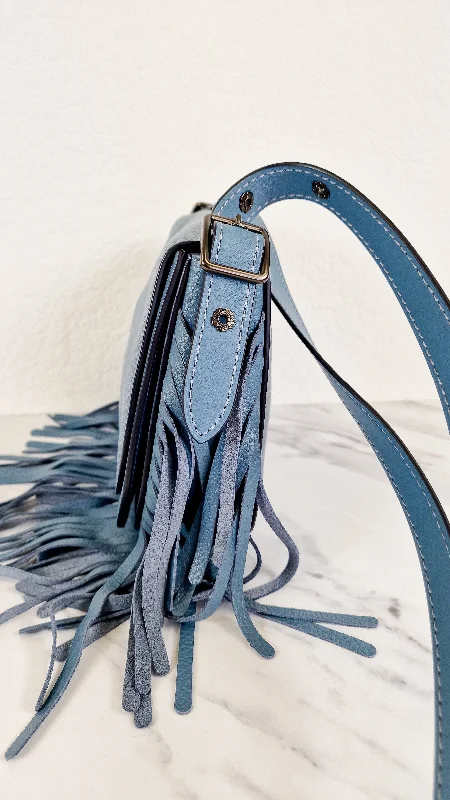 Coach 1941 Saddle 23 with Fringe in Blue Pebbled Leather with Tea Rose Detail - Crossbody Flap Bag - Coach 29240