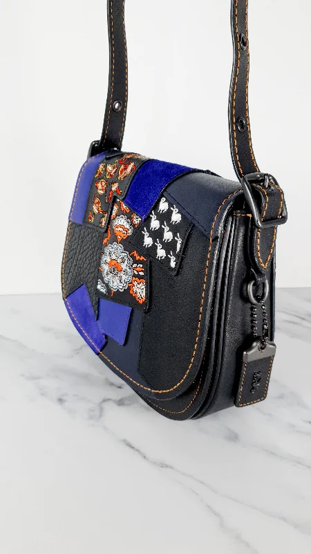 Coach 1941 Saddle 23 Bag in Black with Patchwork Detail - Purple Orange Crossbody Shoulder Bag Coach 56639