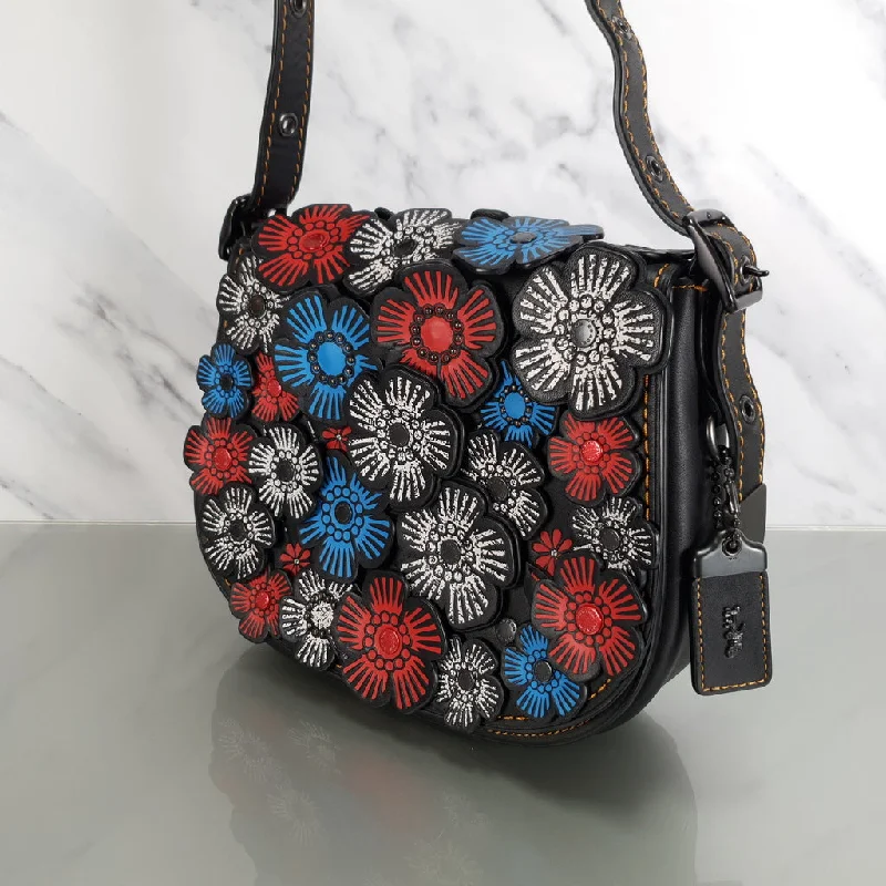 Coach 1941 Saddle 23 Bag in Black with Red, White & Blue Tea Roses Crossbody Shoulder Bag