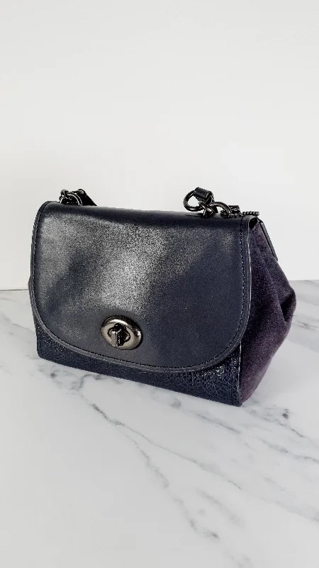 Coach Faye in Dark Blue Navy Mixed Leather & Suede Flap Bag Turnlock Tophandle Crossbody - Coach F22348