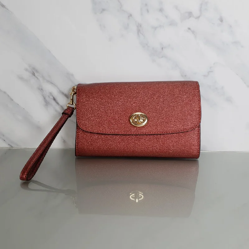 Coach Chain Crossbody in Metallic Red Burgundy Crossgrain Leather with Turnlock - Clutch Wristlet Bag - Coach F22828