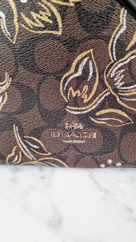 Coach Mia Crossbody Bag in Chestnut Brown Signature Coated Canvas with Metallic Gold and Silver Tulips Flowers - Coach F77982