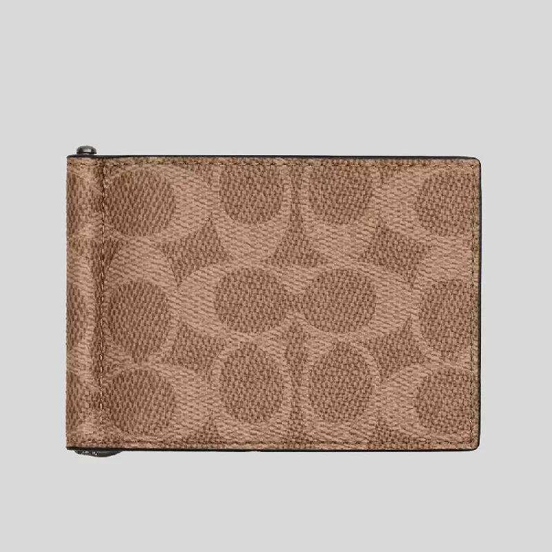 COACH Slim Money Clip Billfold Wallet In Signature Canvas Tan/Black CY059