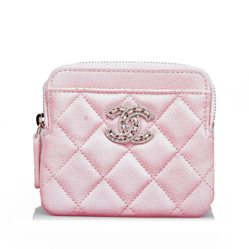 Chanel Caviar CC Crystal Woven Square Zip Around Card Holder (SHG-07vPg1)