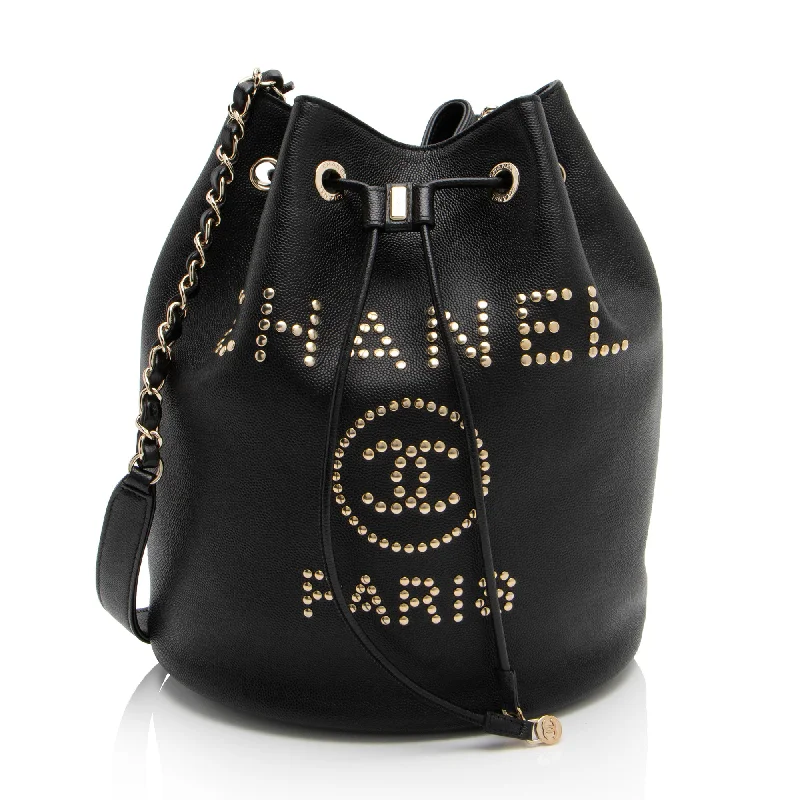 Chanel Caviar Leather Studded CC Deauville Bucket Bag (SHF-LVIad7)