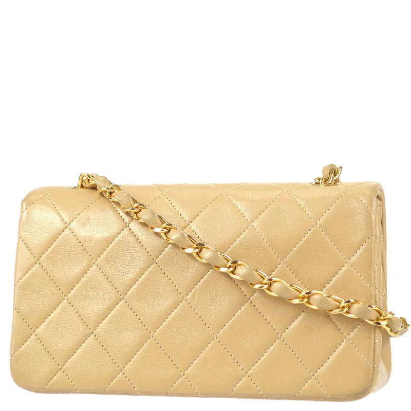 Chanel Full Flap Chain Shoulder Bag Beige Lambskin