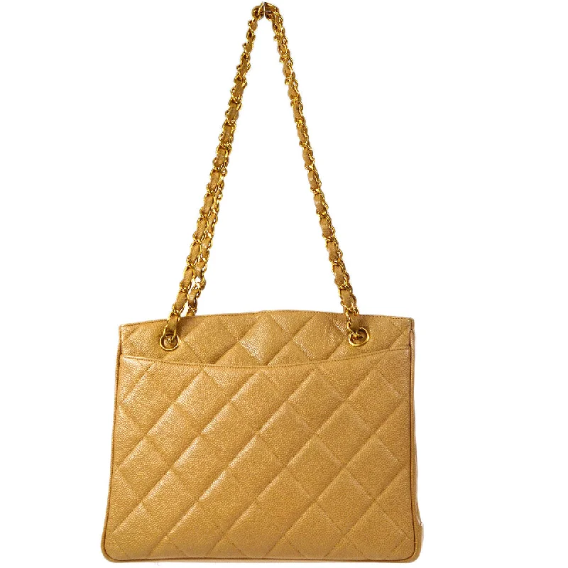 CHANEL Chain Shoulder Tote Bag Beige Caviar