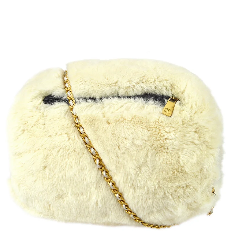 Chanel Hand Warmer Chain Shoulder Bag White Fur