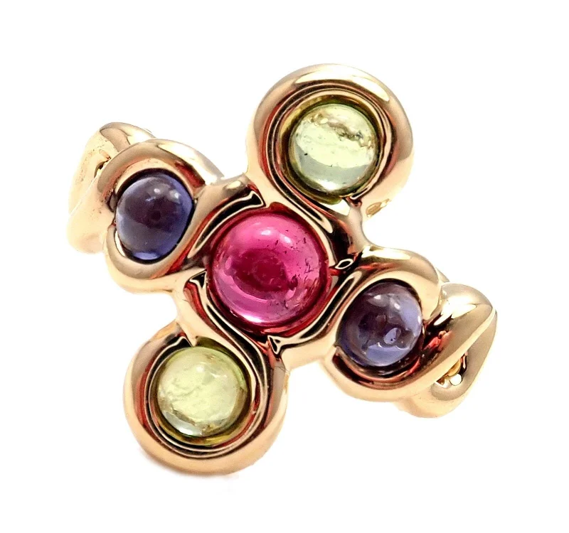 Authentic! Chanel 18k Yellow Gold Pink Green Tourmaline Ring sz 4.5