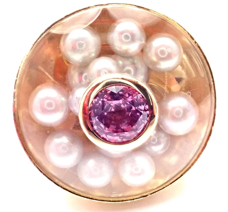 Authentic! Chanel Comete 18k Yellow Gold Diamond Pink Sapphire Pearl Large Ring