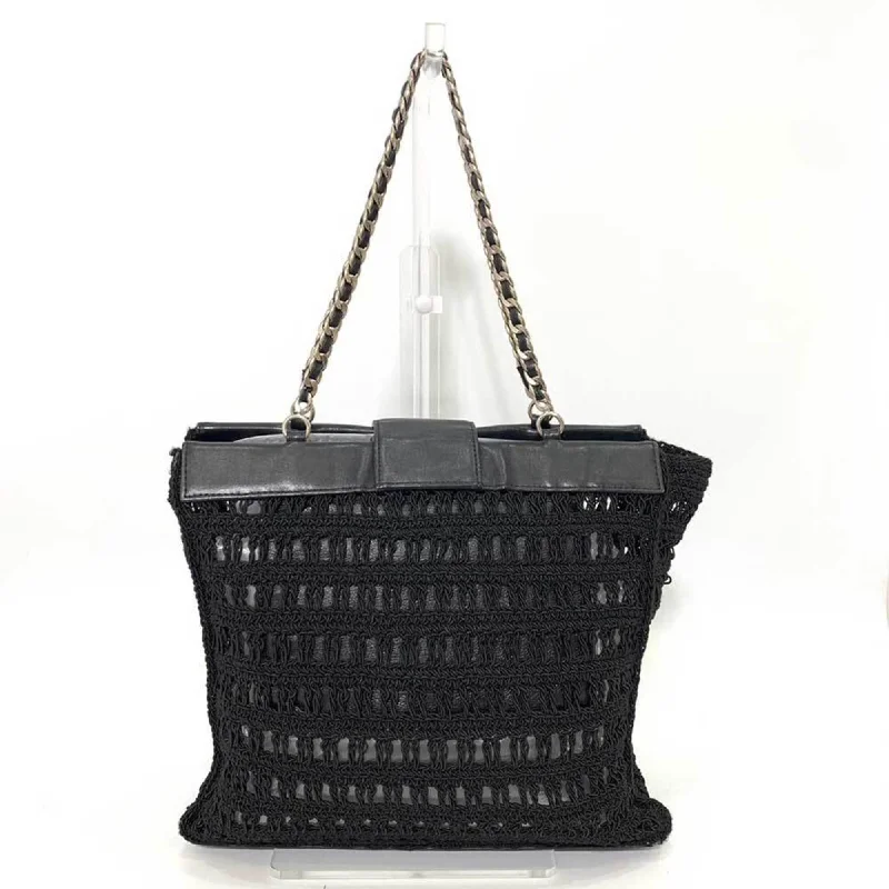 CHANEL Bag Chain Tote Black Mesh Stitch Handbag Coco Mark Ladies Canvas x Leather