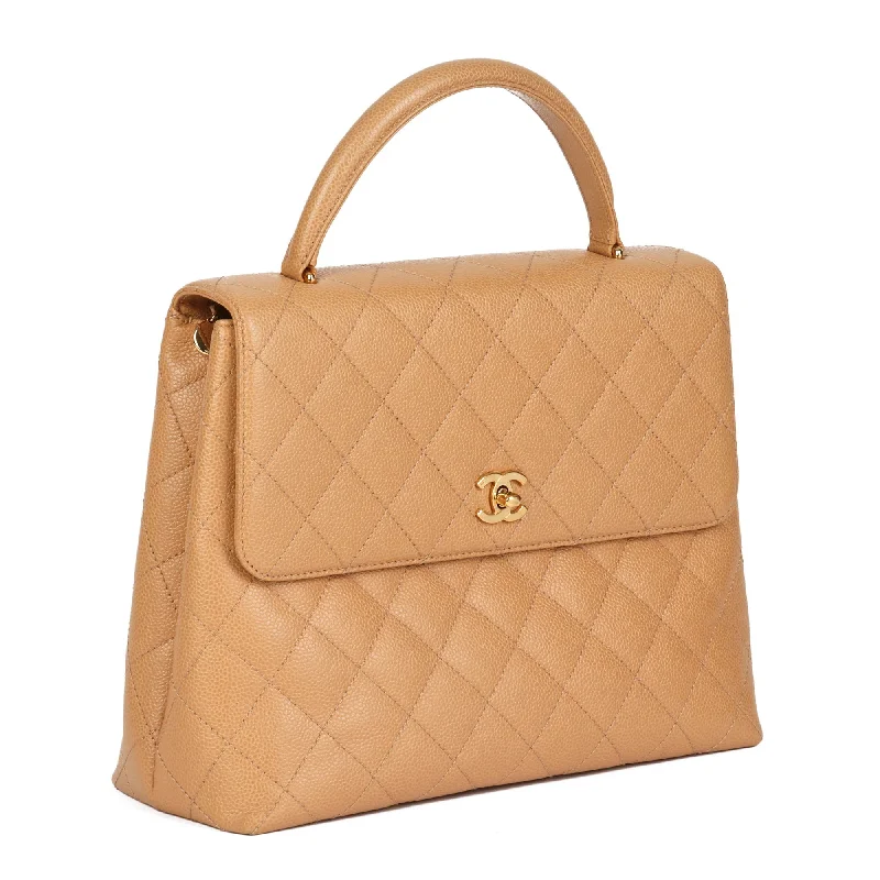 Chanel Beige Quilted Caviar Leather Vintage Classic Kelly Top Handle Bag