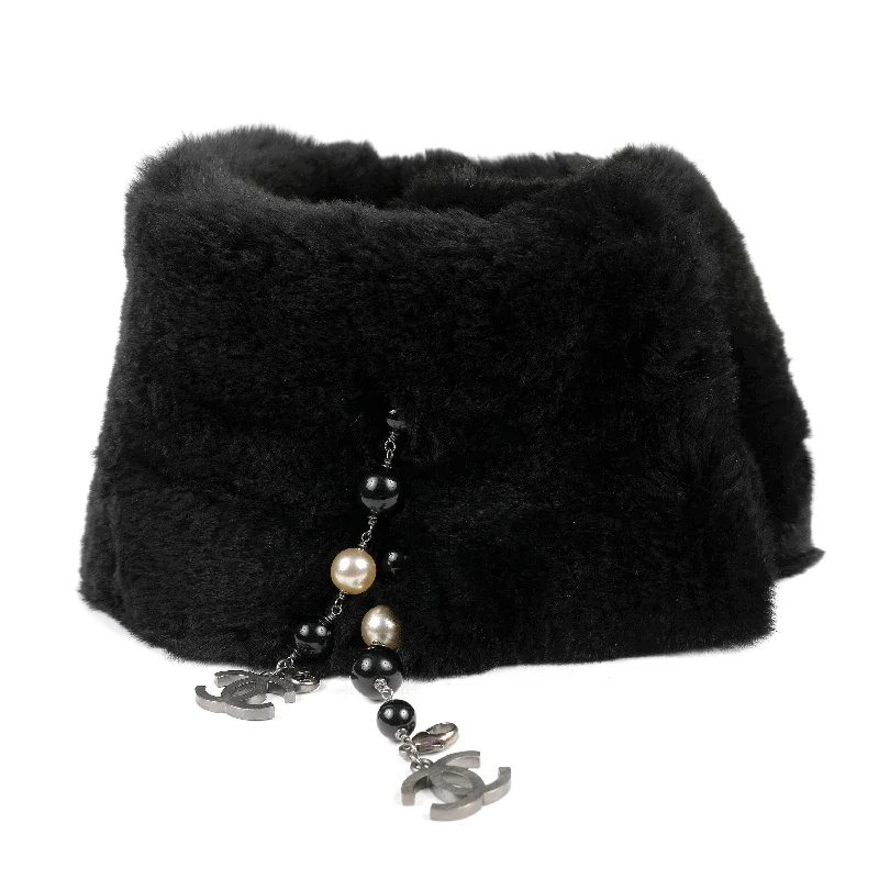 Chanel Black Rabbit Fur Neck Collar w/ CC Pearl Strands