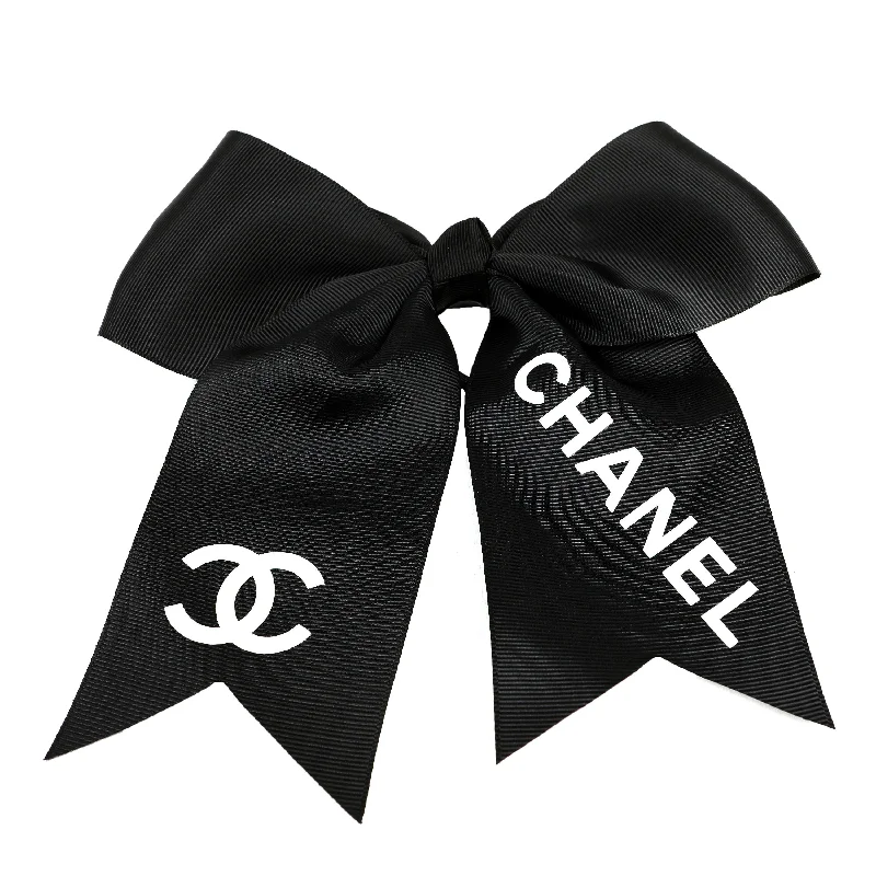 Chanel Black Satin "Cheer" Bow Hair tie w/ White CC