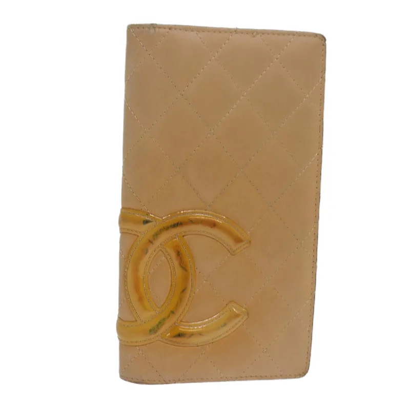 CHANEL Cambon Line Matelasse Long Wallet Leather Beige CC  bs16763