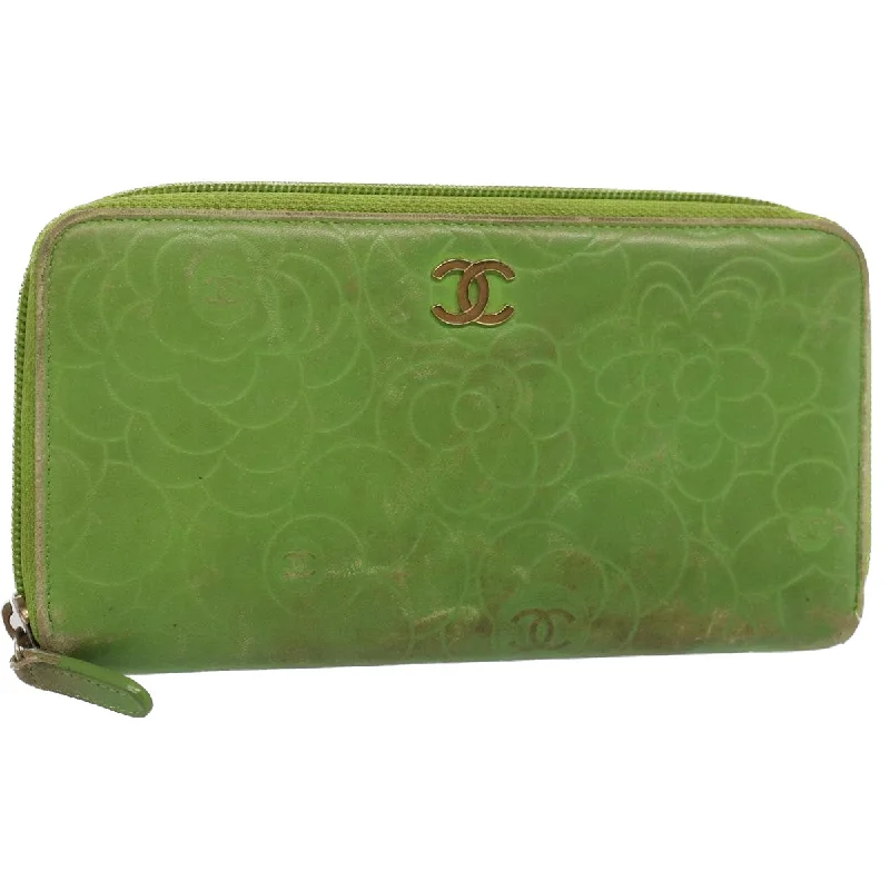 CHANEL Camelia Long Wallet Leather Green CC  52452