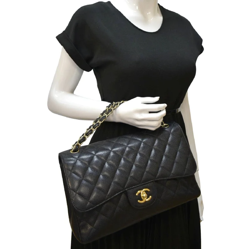 CHANEL Classic Jumbo Double Flap Quilted Caviar Leather Shoulder Bag Black