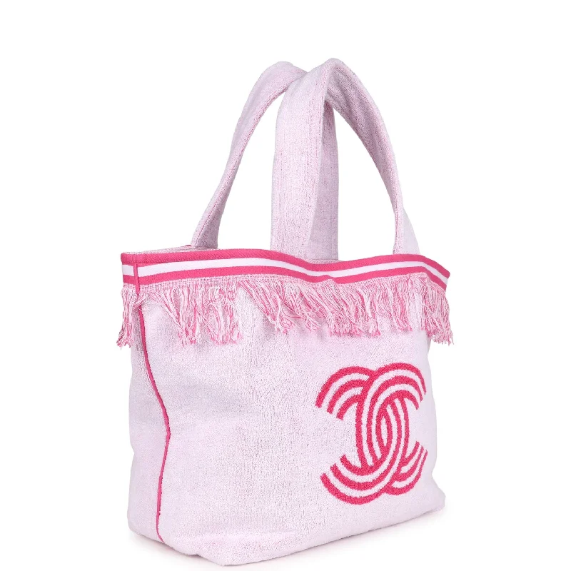 Chanel CC Beach Tote Bag & Towel Set Pink & White Canvas & Terry