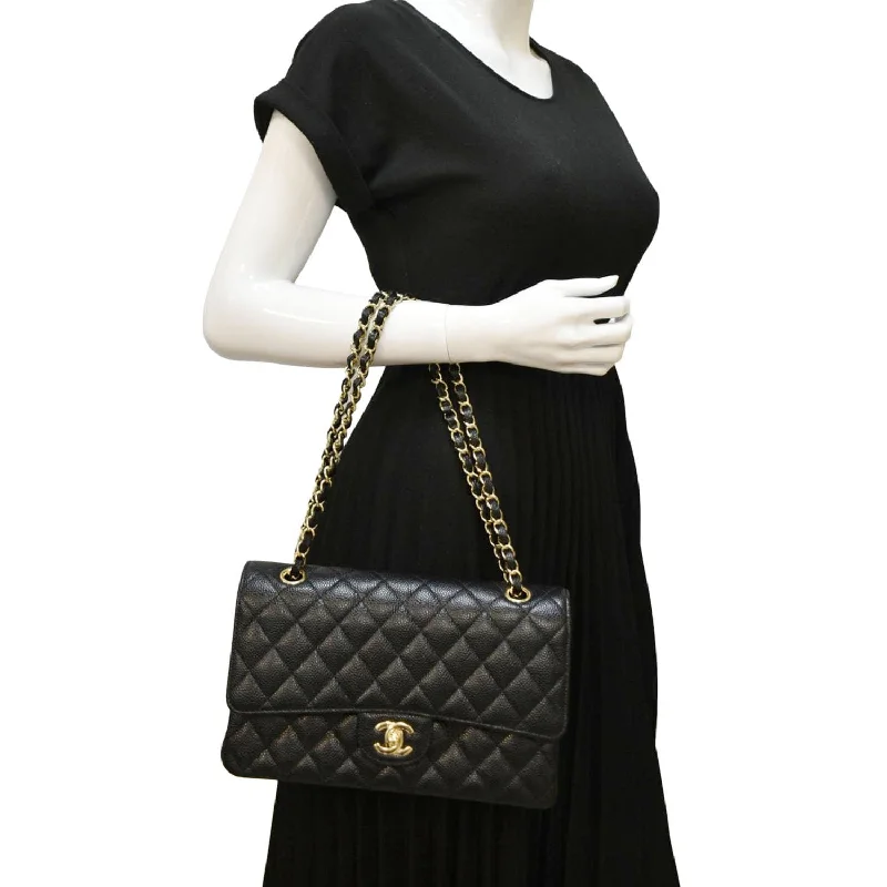 CHANEL Classic Double Flap Caviar Leather Shoulder Bag Black