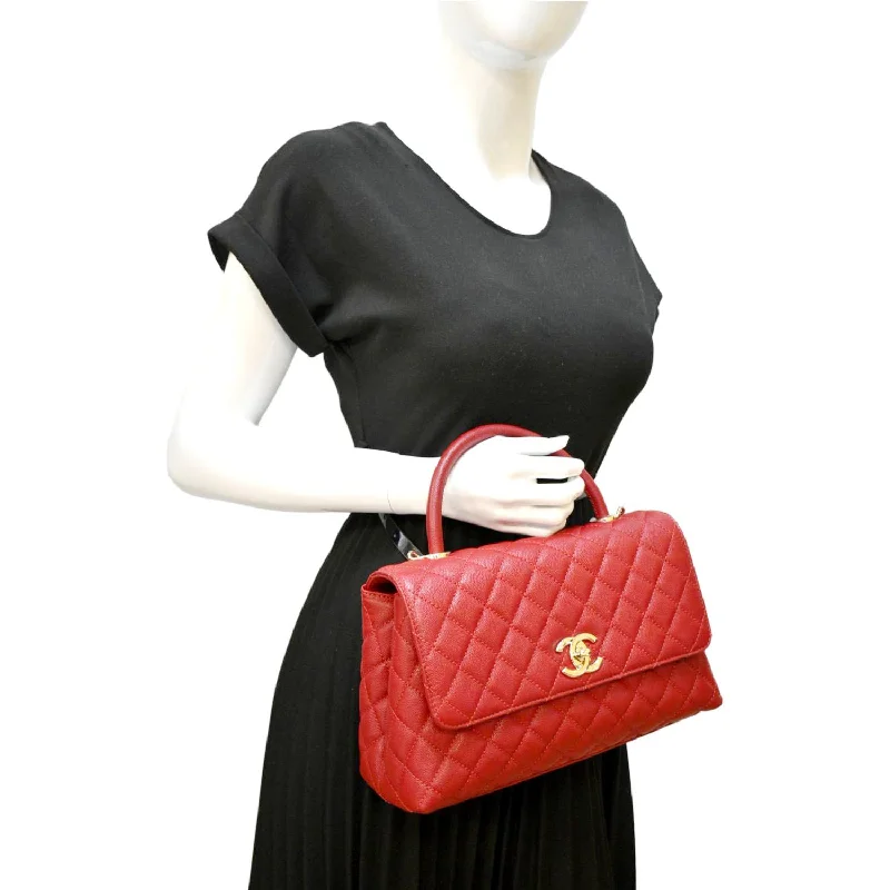 CHANEL Medium Coco Quilted Caviar Leather Top Handle Shoulder Bag Red