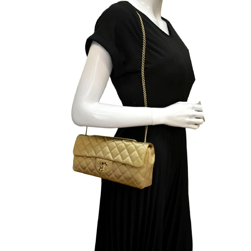 CHANEL East West Satin Single Flap Shoulder Bag Gold