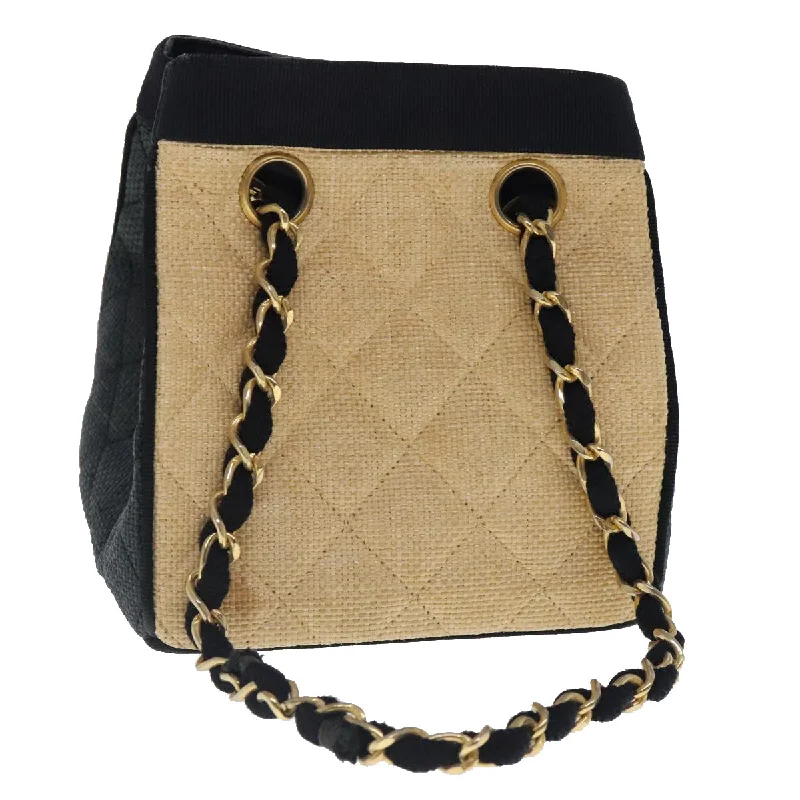 CHANEL Hand Bag straw Beige Black CC  bs18882