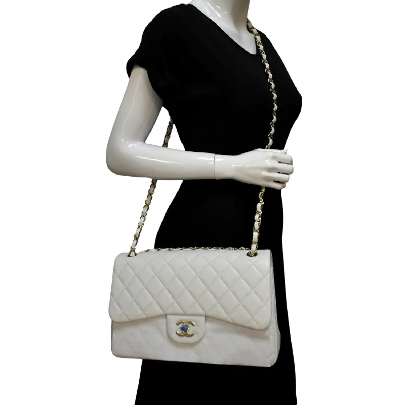 CHANEL Jumbo Double Flap Quilted Caviar Leather Shoulder Bag White