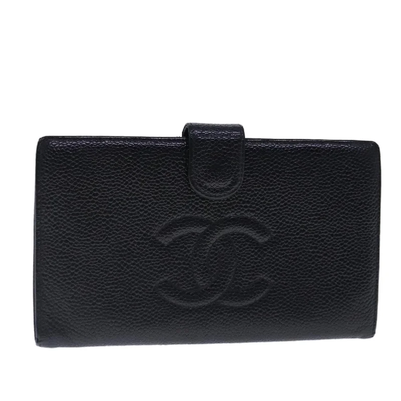 CHANEL Long Wallet Caviar Skin Black Gold CC  bs18703