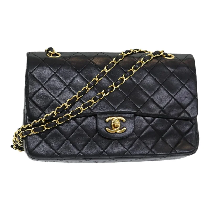 CHANEL Matelasse 25 Turn Lock Chain Hand Bag Lamb Skin Black CC  yk14030A