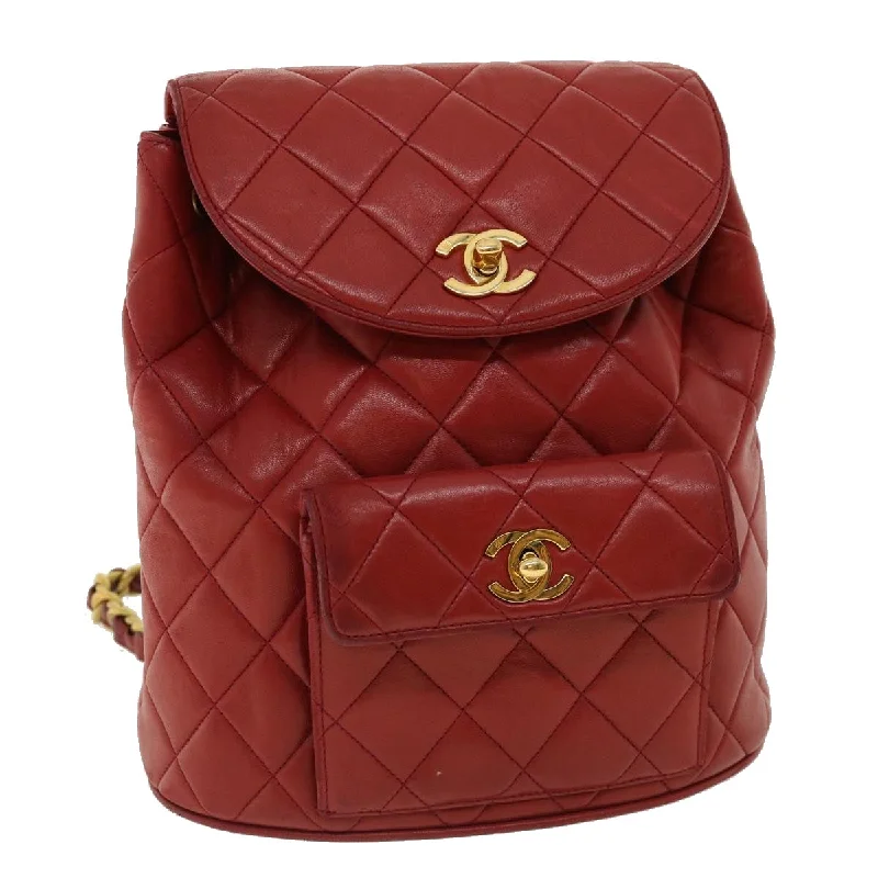 CHANEL Matelasse Chain Hand Bag Lamb Skin Red CC  31892A