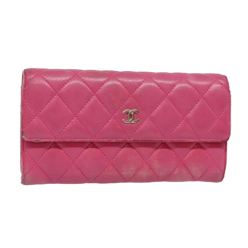 CHANEL Matelasse Long Wallet Lamb Skin Pink CC  yk15105