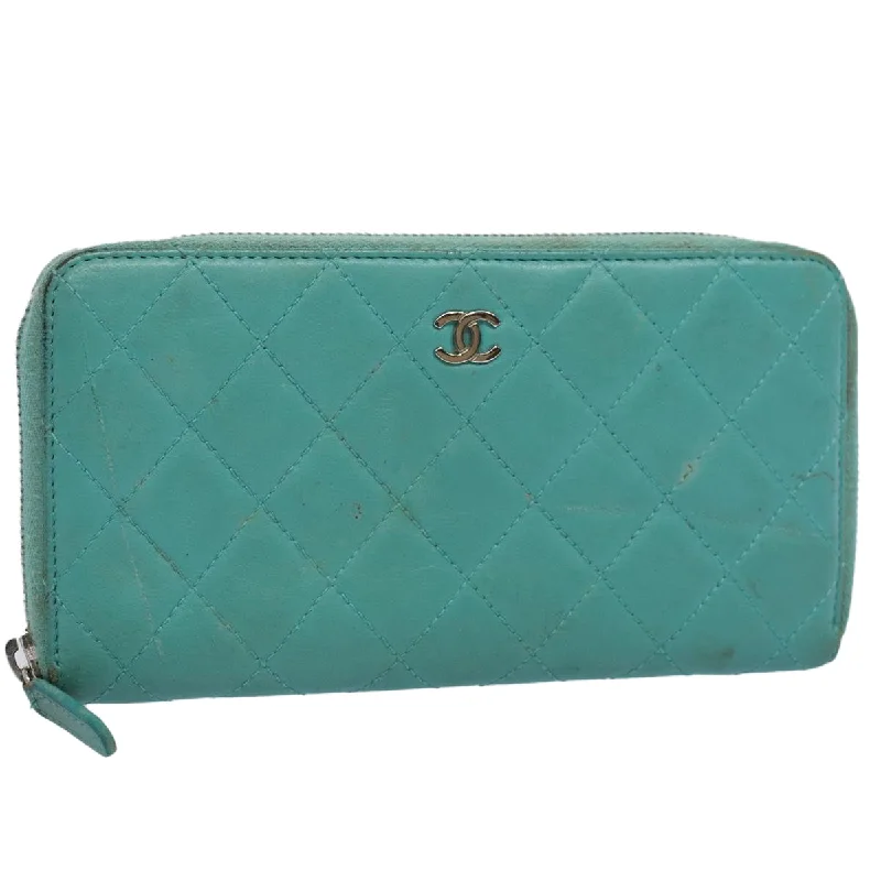 CHANEL Matelasse Wallet Lamb Skin Turquoise Blue CC  bs9740