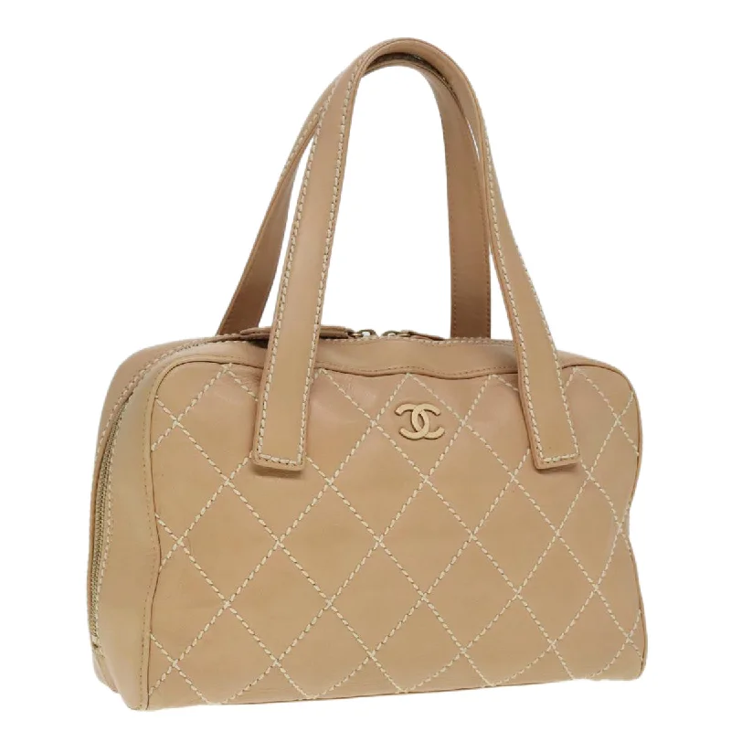 CHANEL Matelasse Wild Stitch Hand Bag Leather Beige Gold CC  kk334