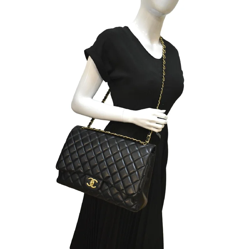 CHANEL Maxi Double Flap Lambskin Leather Shoulder Bag Black