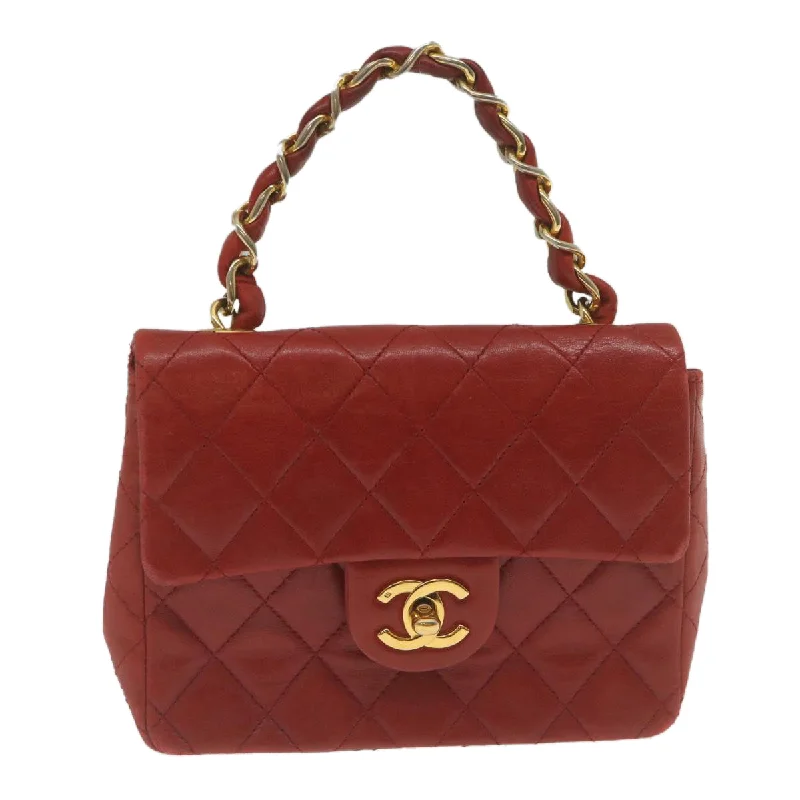 CHANEL Mini Matelasse Chain Flap Hand Bag Lamb Skin  Red Gold CC  hs688A