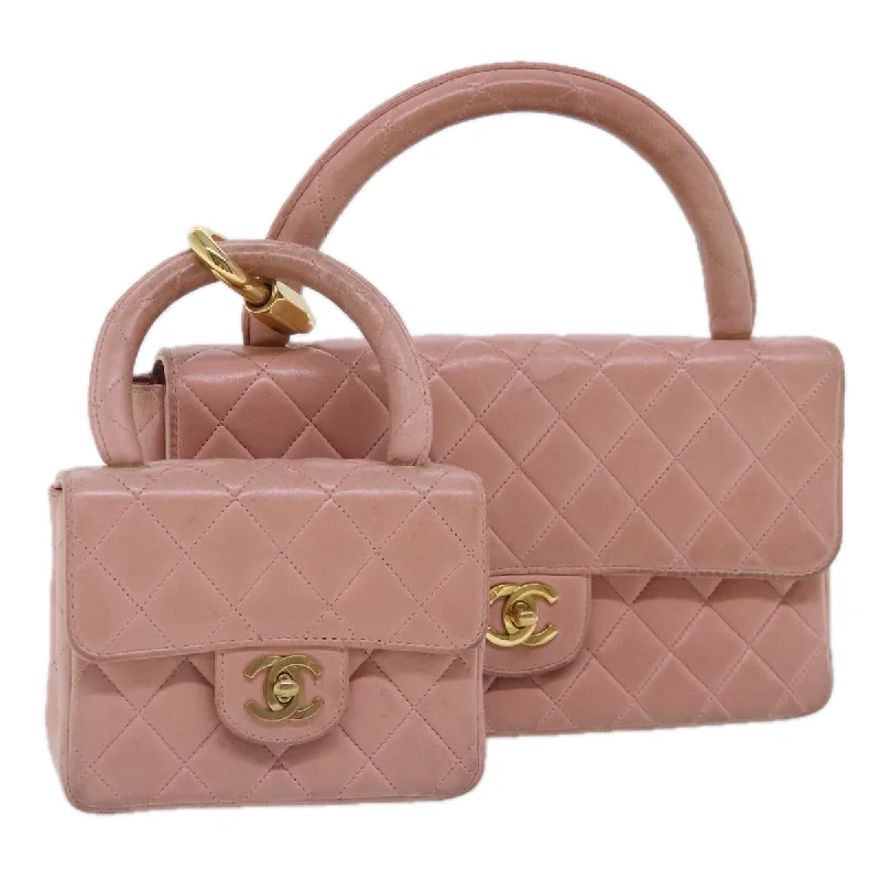 CHANEL Parent Child Bag Hand Bag Lamb Skin Pink Gold CC  90957A