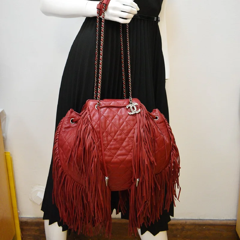 CHANEL Paris Dallas Drawstring Fringe Shoulder Bag Red