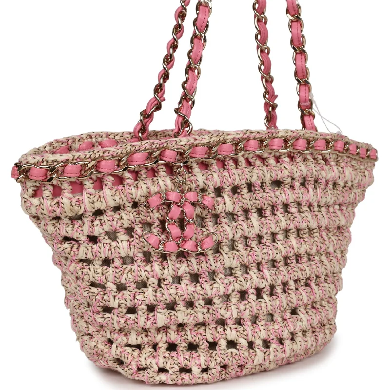 Chanel Small Crochet Shopping Tote Pink and Beige Woven Gold Hardware