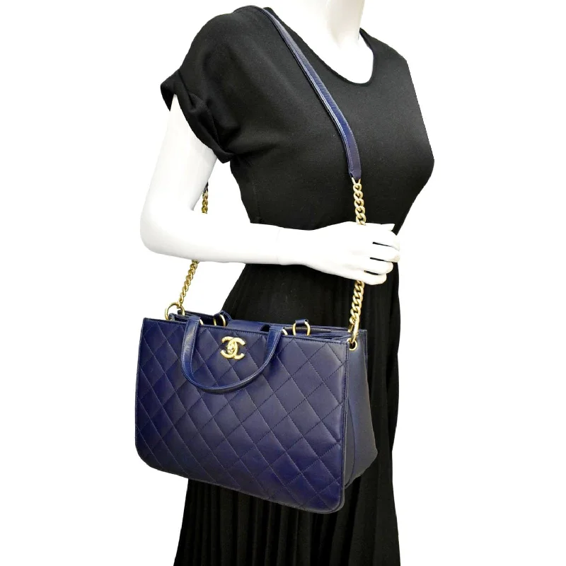 CHANEL Small Straight Lined Shopping Quilted Leather Tote Bag Blue