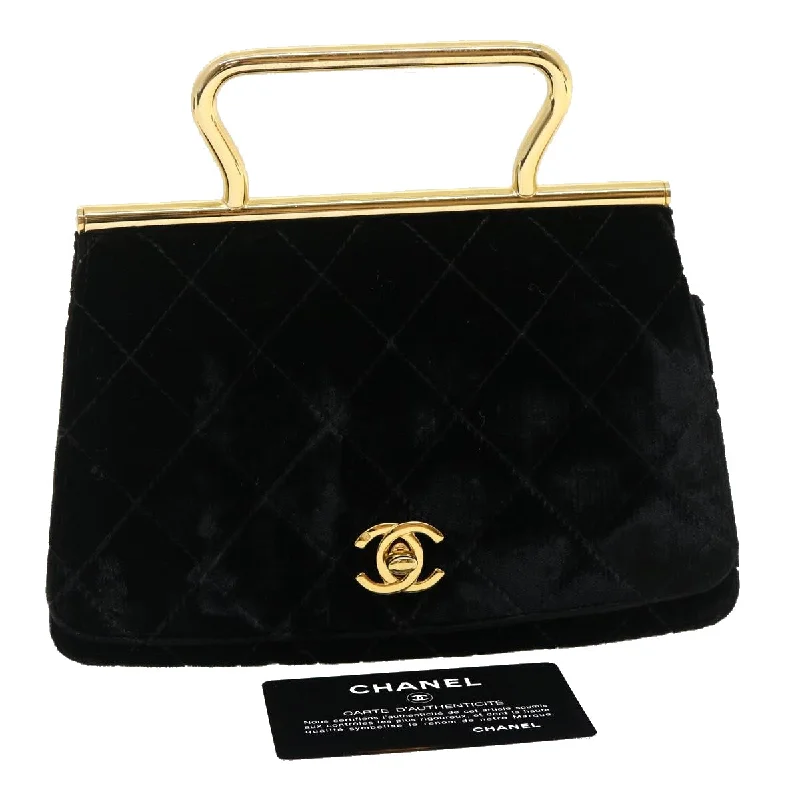 CHANEL Turn Lock Flap Matelasse Hand Bag velvet Black Gold CC  29565A