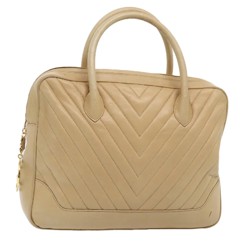 CHANEL V Stitch Hand Bag Leather 2way Beige Gold CC  yk14320