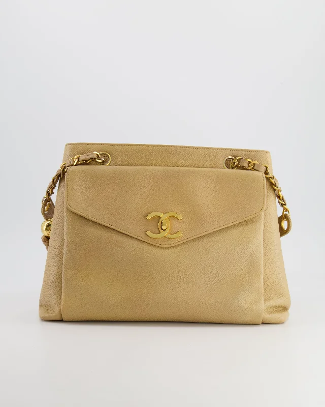 Chanel Vintage Beige Caviar CC Logo Tote Bag with 24k Gold Hardware