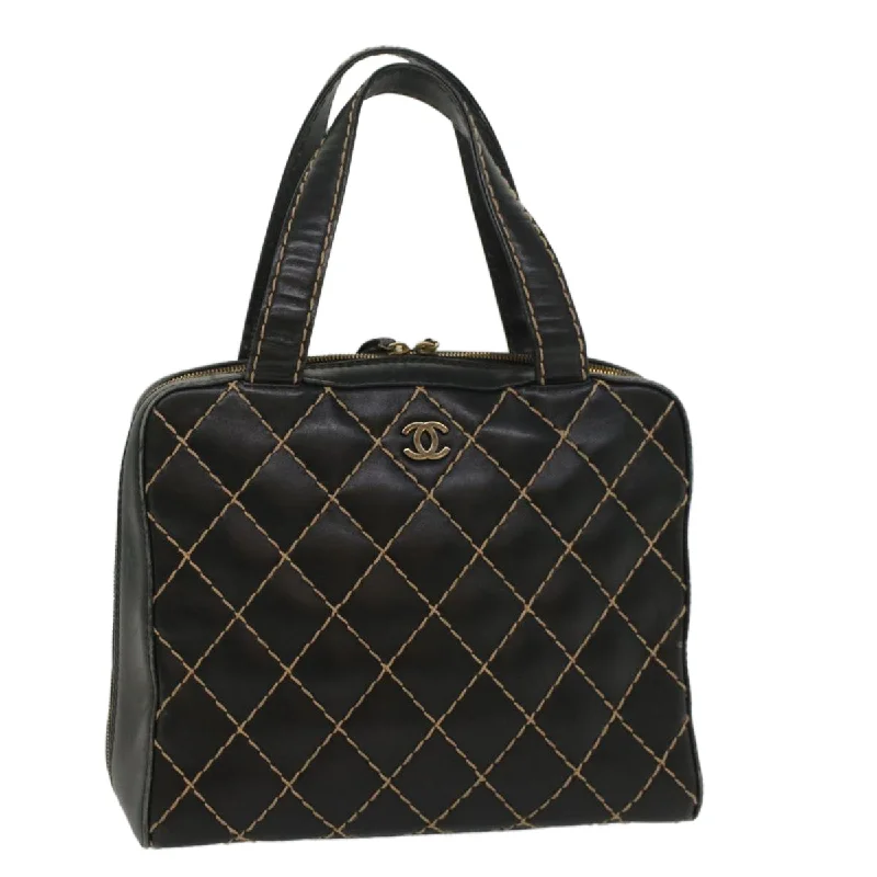 CHANEL Wild Stitch Hand Bag Leather Black CC  54178