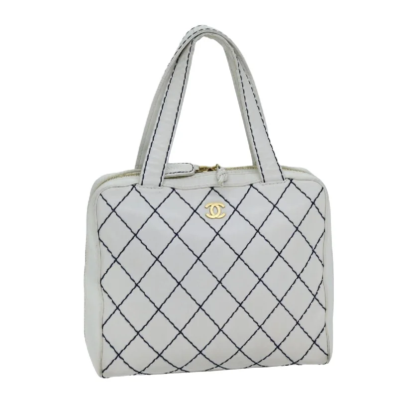 CHANEL Wild Stitch Hand Bag Leather White CC  76642