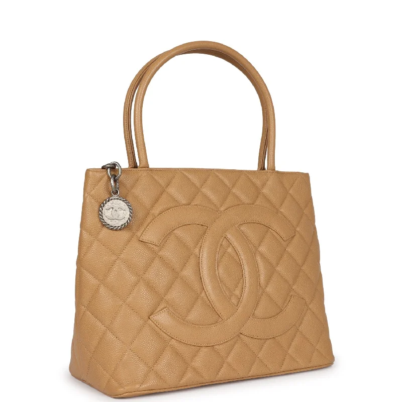 Chanel Vintage Medallion Tote Bag Beige Caviar Silver Hardware